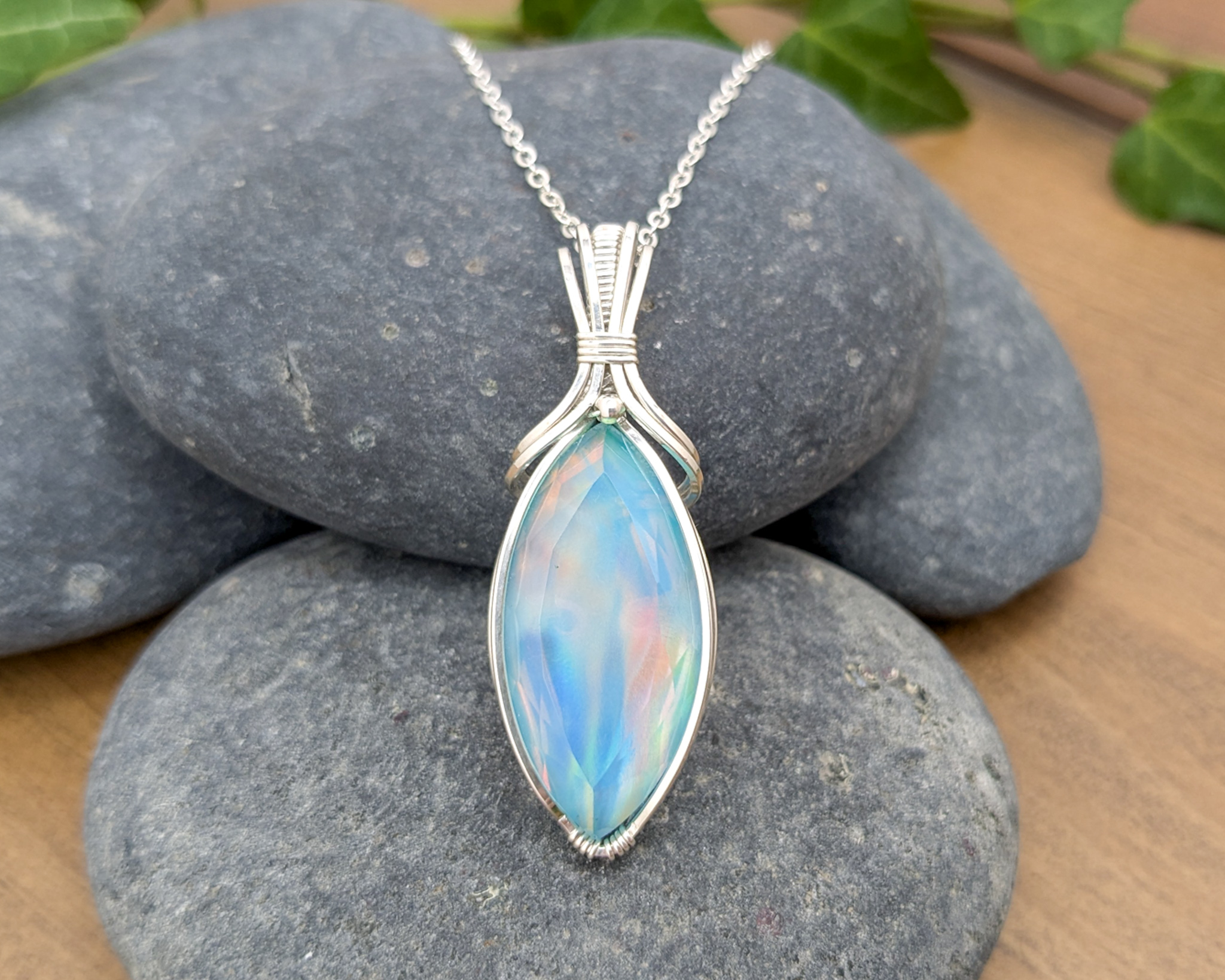 Blue opal necklace, Sierling silver wrapped stone, Minimalist necklace, Silver necklace, hot Gemstone pendant necklace